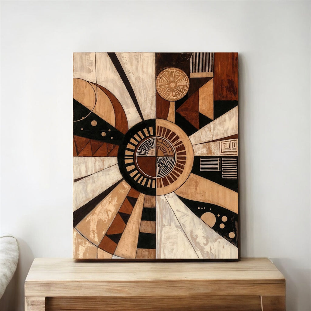 Radial geometric sunburst canvas print with beige, brown and black texture depicting Akasha element, by Saffron Palette.