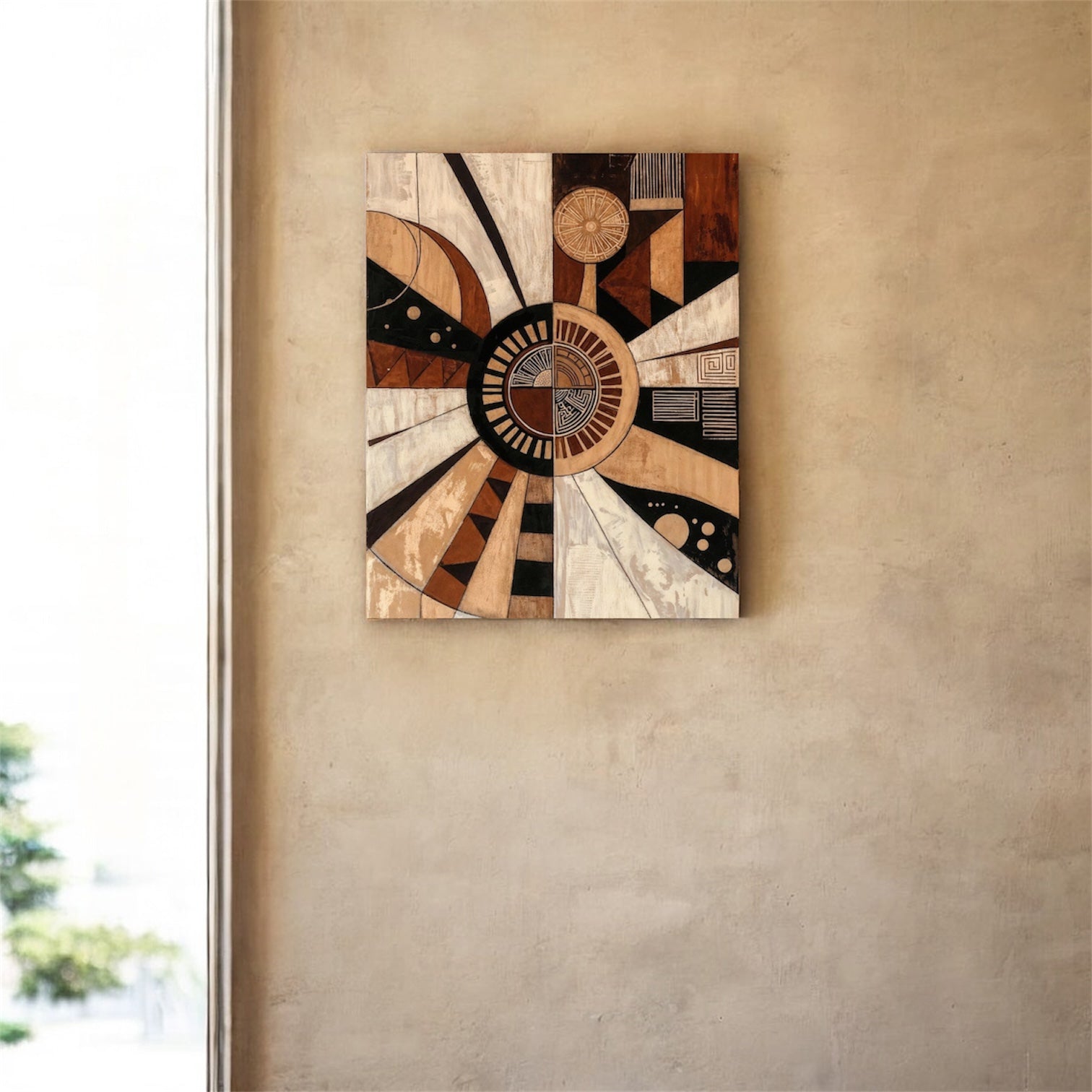 Radial geometric sunburst canvas print with beige, brown and black texture depicting Akasha element, by Saffron Palette.