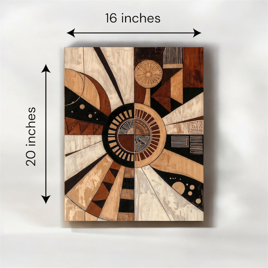 Radial geometric sunburst canvas print with beige, brown and black texture depicting Akasha element, by Saffron Palette.