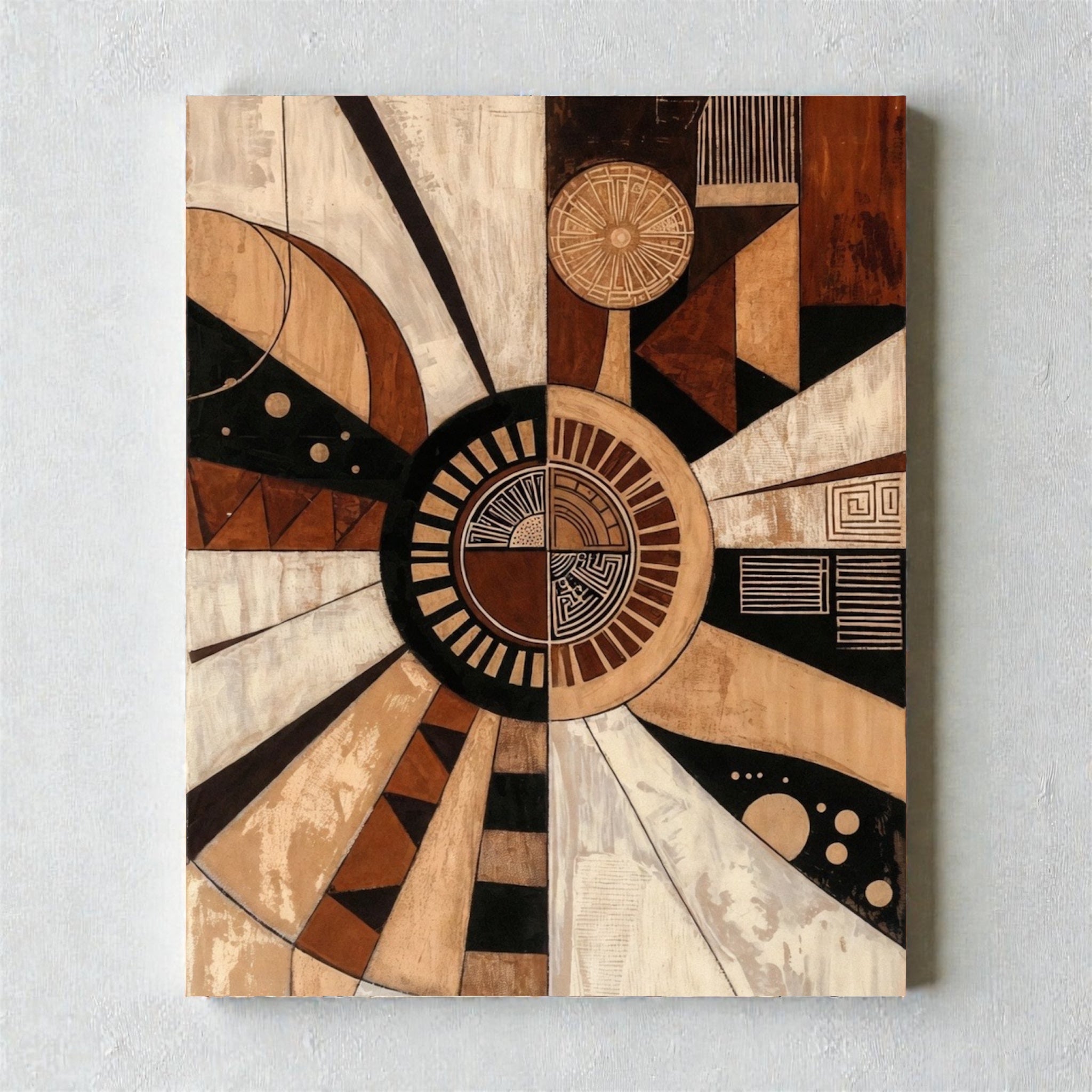 Radial geometric sunburst canvas print with beige, brown and black texture depicting Akasha element, by Saffron Palette.