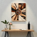 Radial geometric sunburst canvas print with beige, brown and black texture depicting Akasha element, by Saffron Palette.