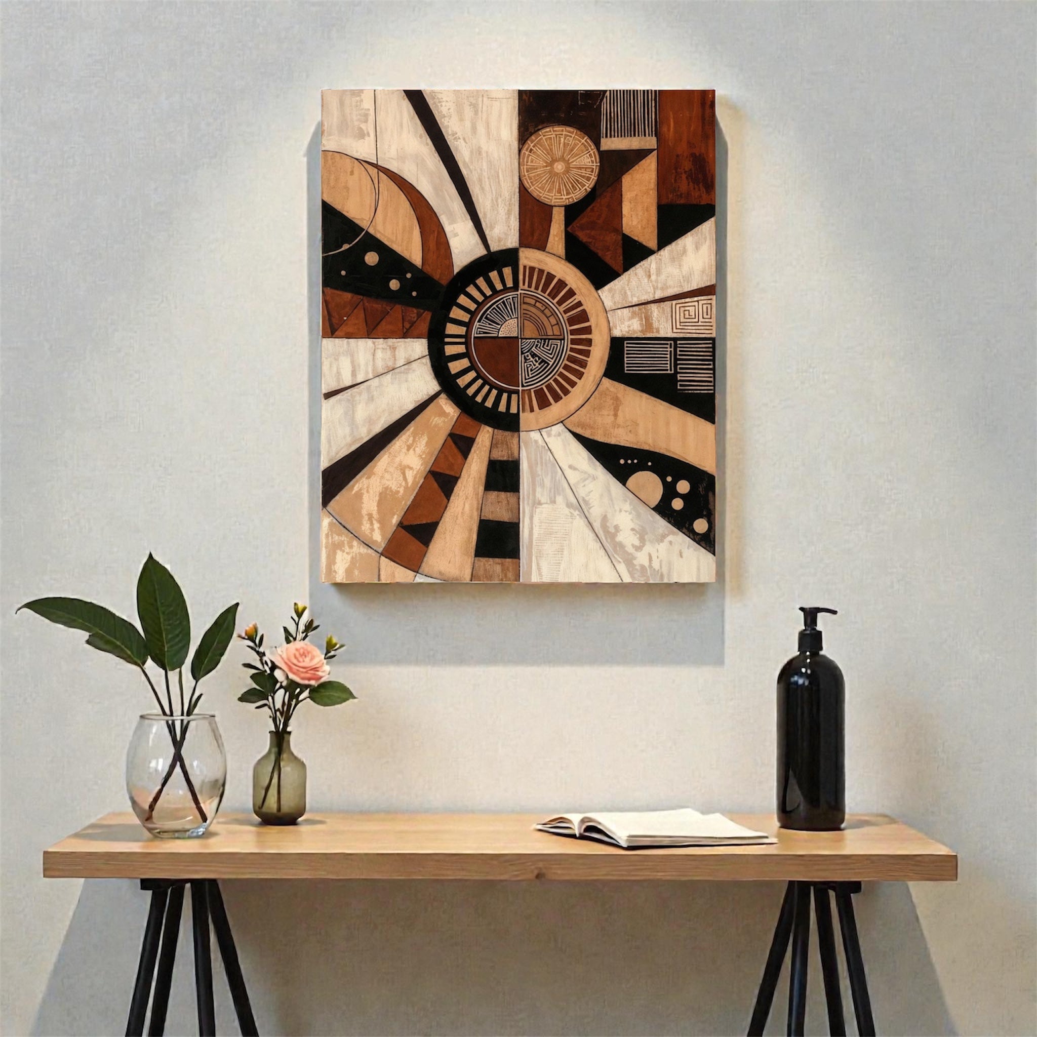 Radial geometric sunburst canvas print with beige, brown and black texture depicting Akasha element, by Saffron Palette.